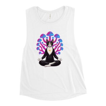 Mushroom Meditation Ladies' Muscle Tank — white front | Keanu Organics