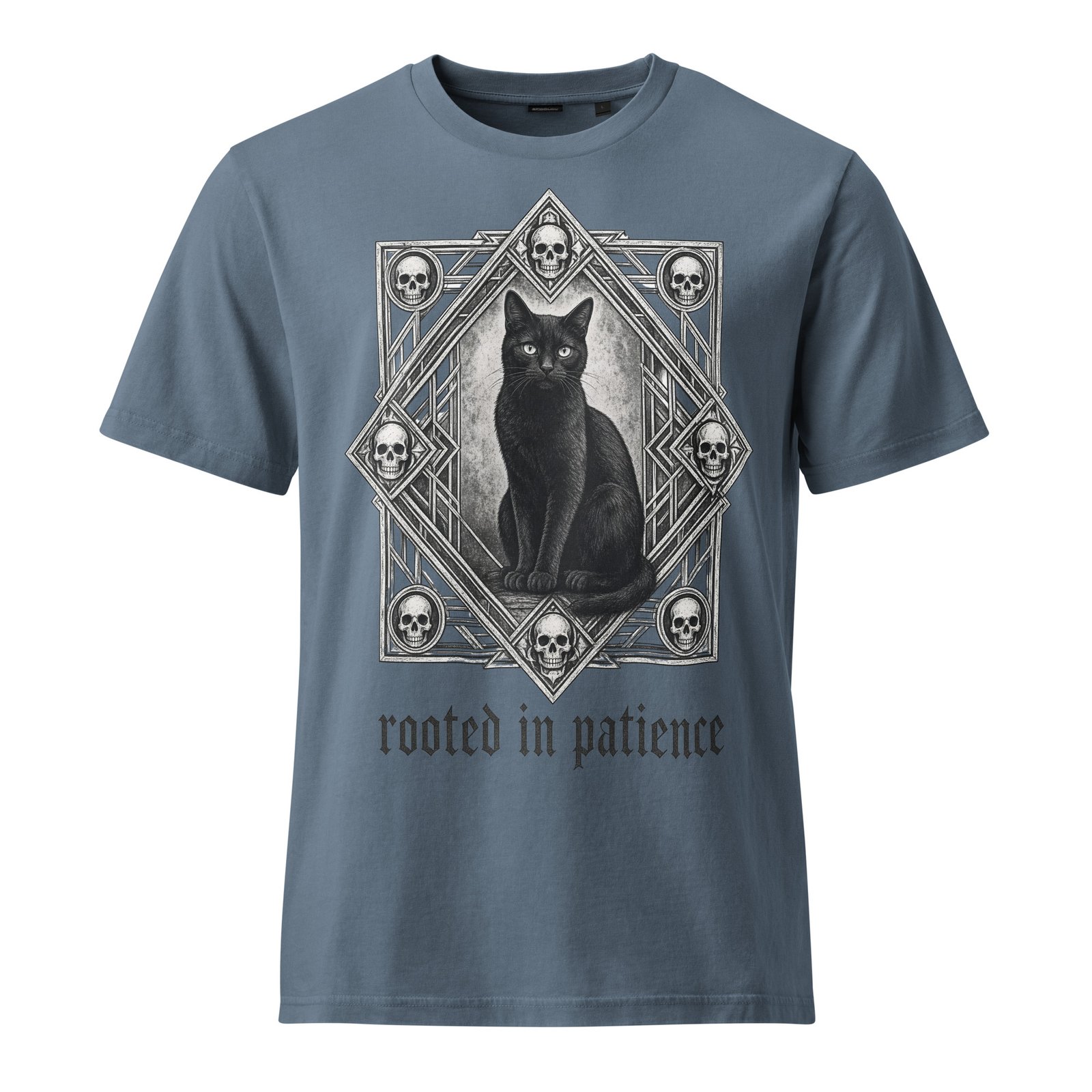Patience & Poison Vintage Black Cat T-shirt — deep teal front