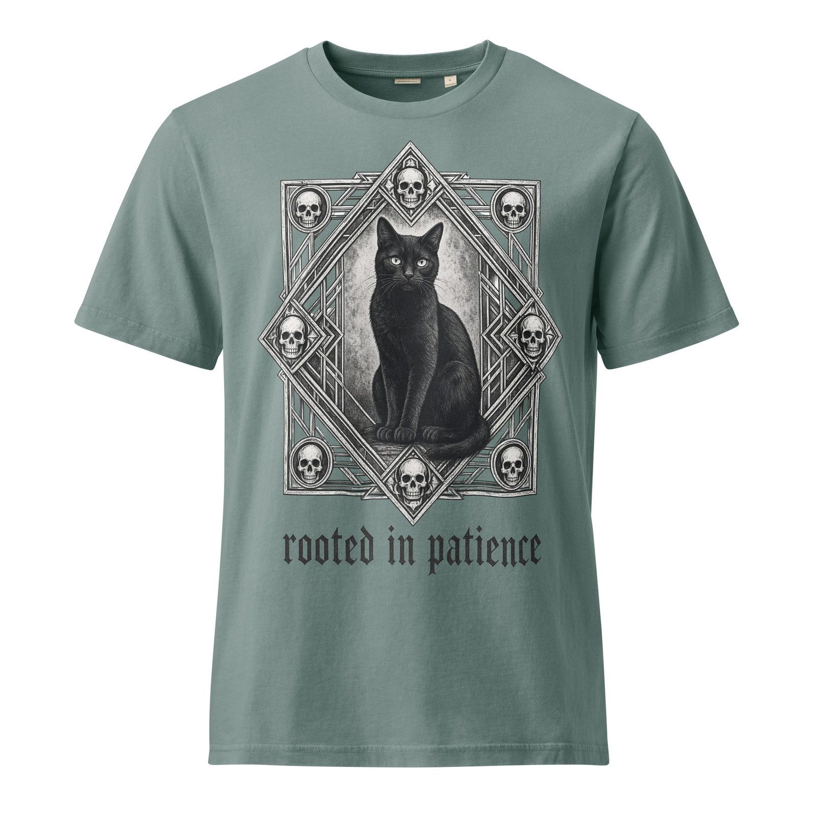 Patience & Poison Vintage Black Cat T-shirt — green bay front