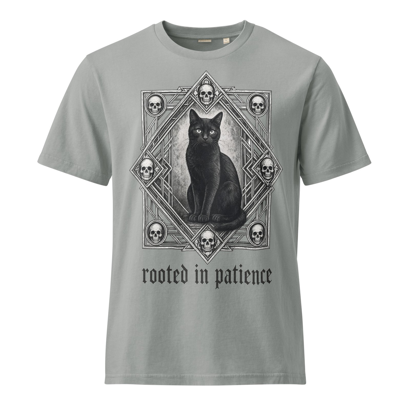 Patience & Poison Vintage Black Cat T-shirt — misty grey front