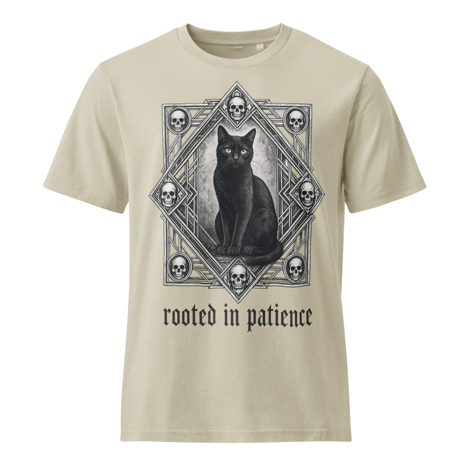 Patience & Poison Vintage Black Cat T-shirt — stone front