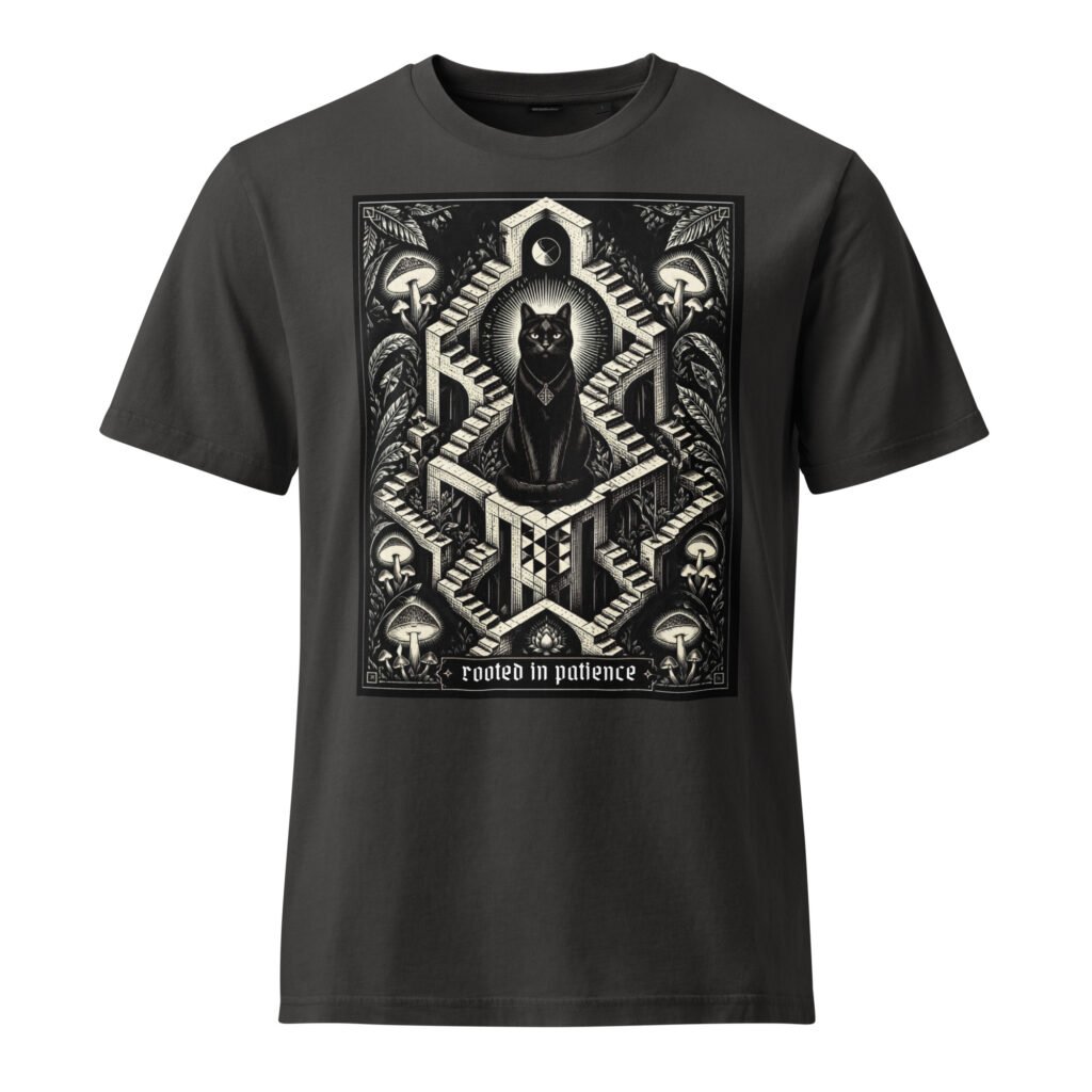 Rooted Vintage Dyed Organic Cat T-shirt — dyed cat vintage garment dyed tee black rock front