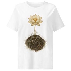 Lotus Paw ribbed tee in White, front — original cat art by Keanu Organics