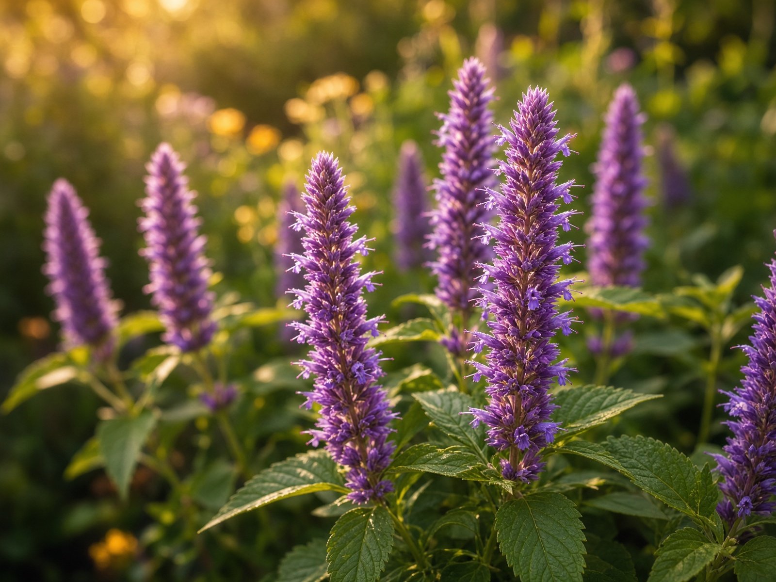 Purple anise hyssop flower spikes in golden hour light