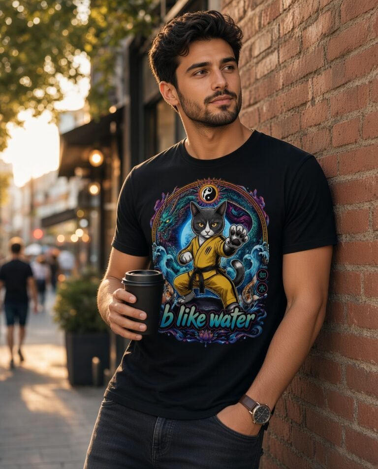 B Like Water organic ribbed neck tee lifestyle — kung fu cat print