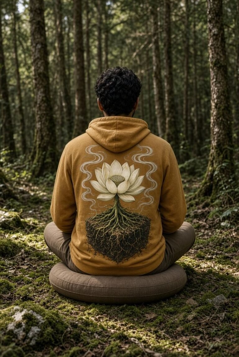 Rooted Lotus mustard hoodie forest lifestyle