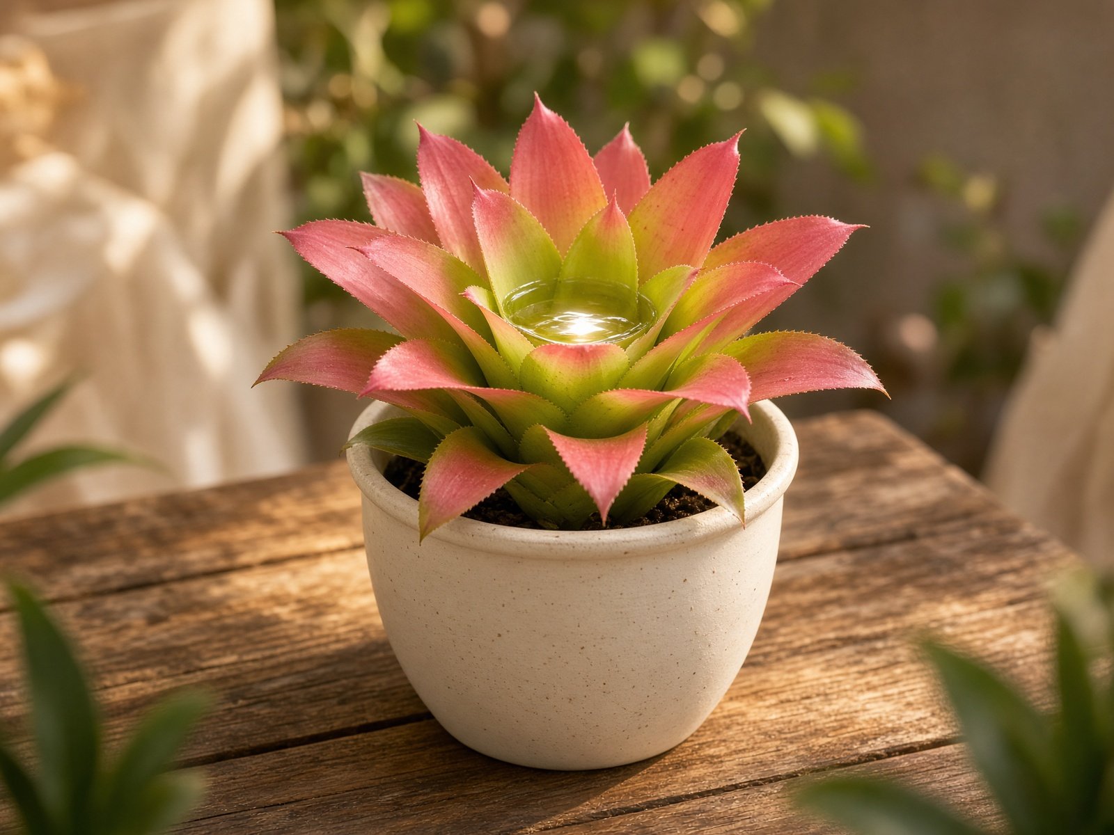 Coral and lime bromeliad in a ceramic pot on a wooden table