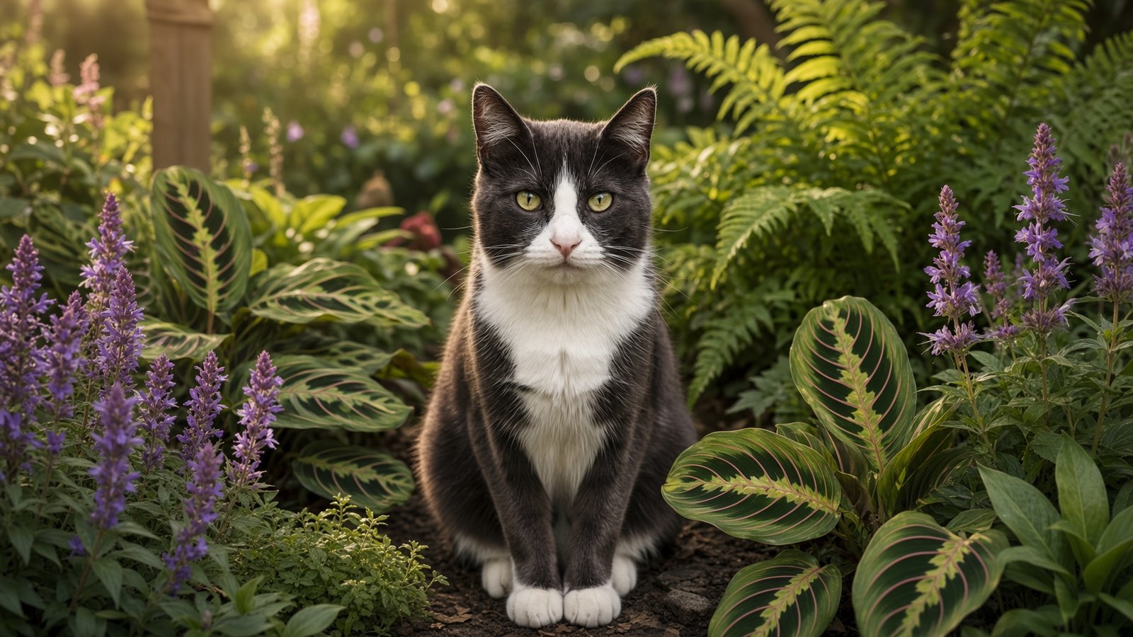 A lush backyard bed of calatheas, prayer plants, ferns, and anise hyssop