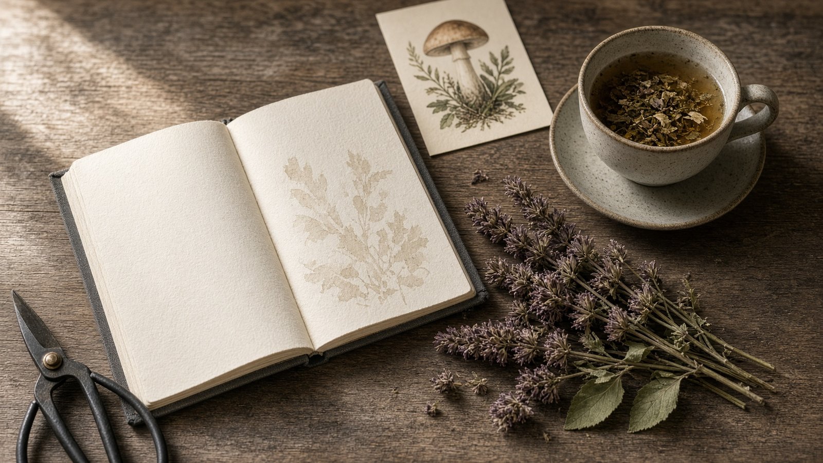 Field journal and botanical prints on a wooden table