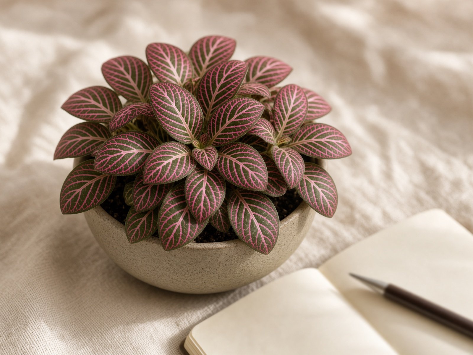 Nerve plant with magenta-white veins beside a field notebook