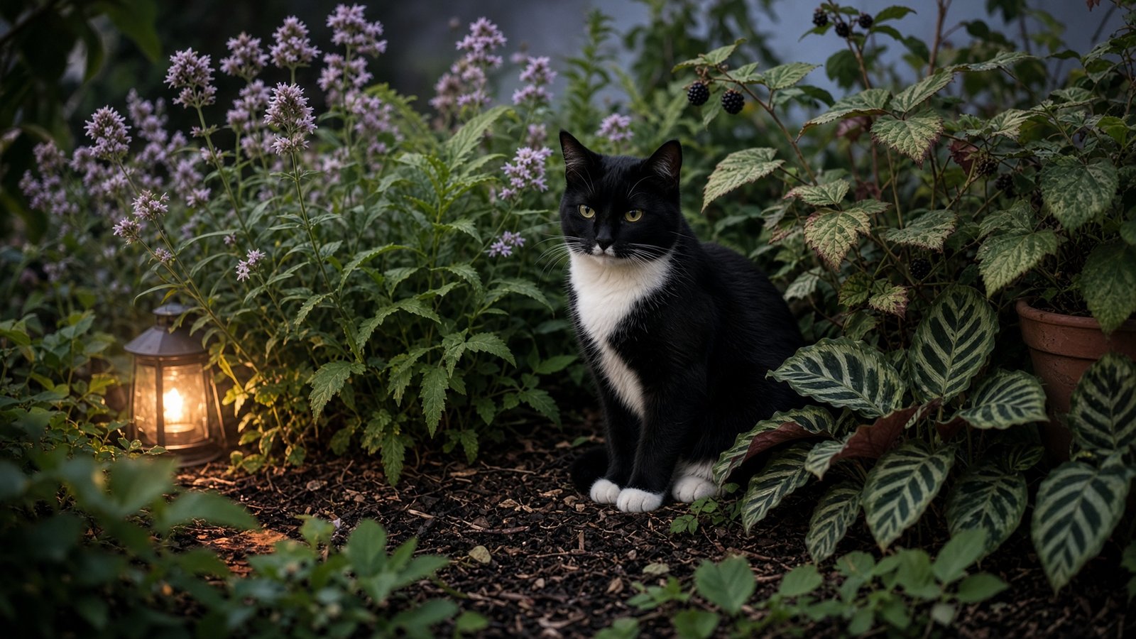Keanu, a tuxedo cat, sitting in a dusk garden among anise hyssop, calathea, and ferns
