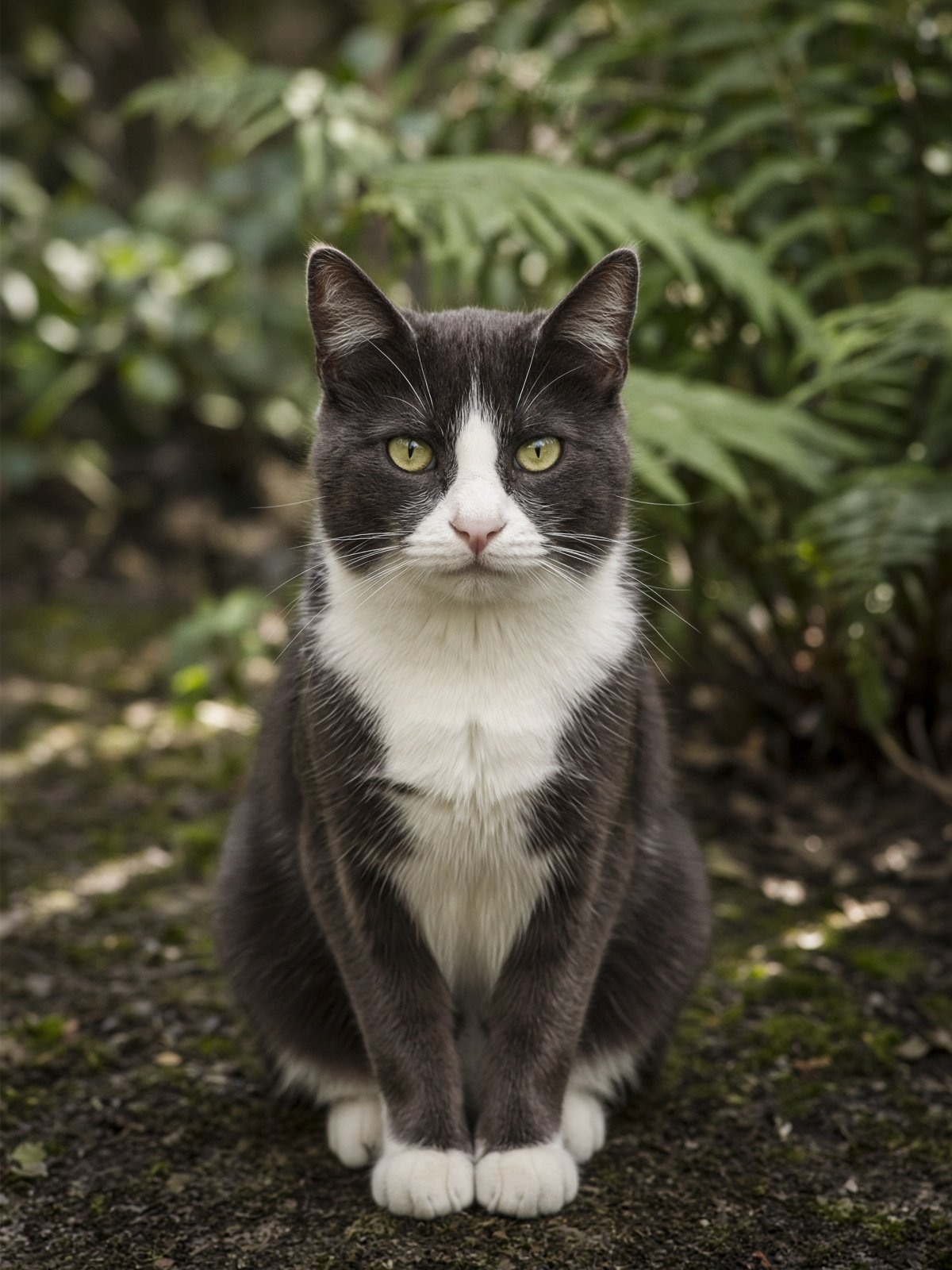 Portrait of Keanu, a tuxedo cat, in dappled garden shade
