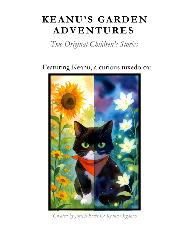 Cover of Keanu's Garden Adventures — tuxedo cat between day sunflower garden and night moonflower garden