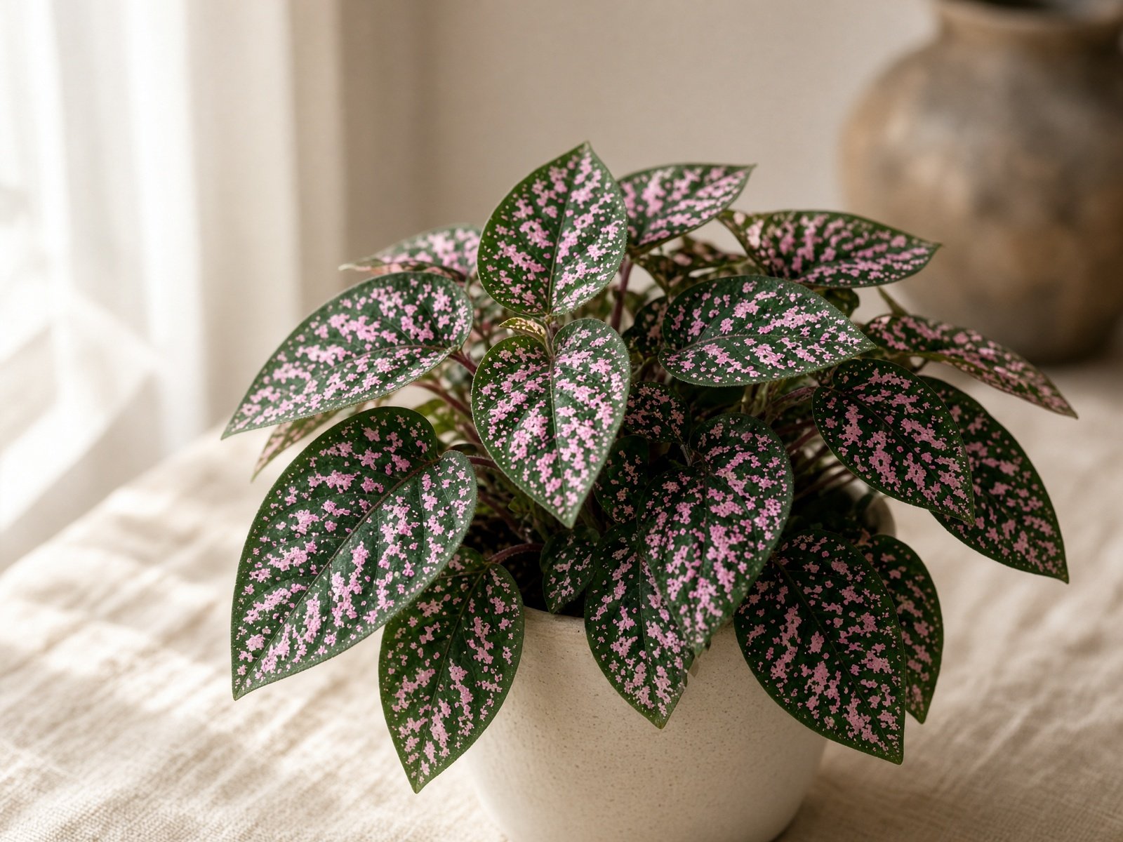Polka dot plant with pink speckles on deep green leaves