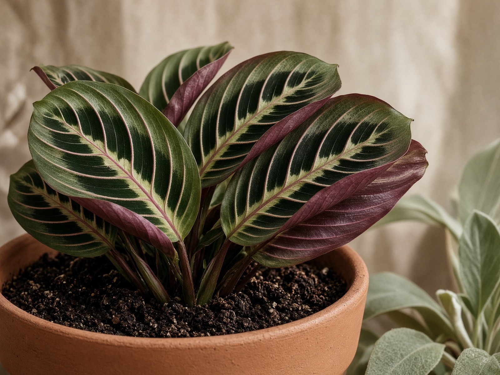 Prayer plant in terracotta with herringbone-veined leaves