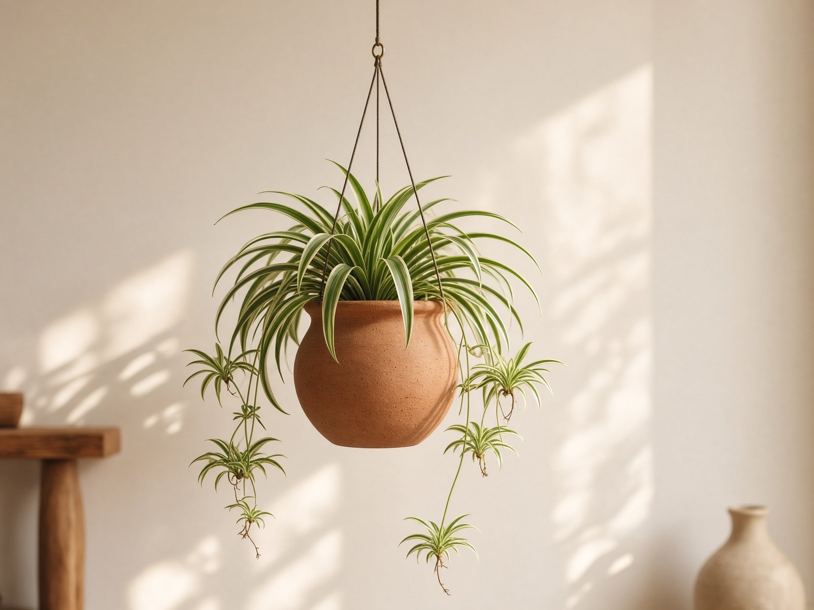Hanging spider plant with striped leaves and baby plantlets