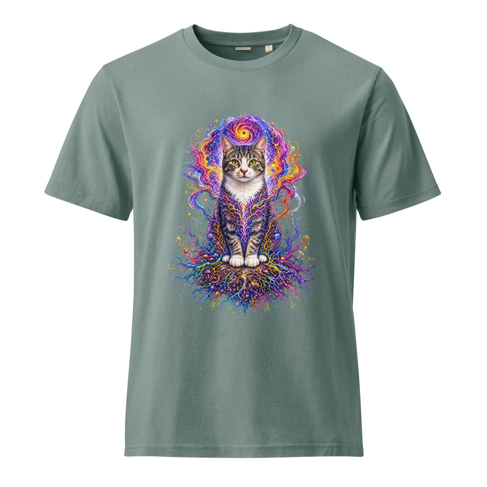 Prismatic Awakening — Garment-Dyed Cotton Cosmic Cat Tee — Garment-Dyed Green Bay — front