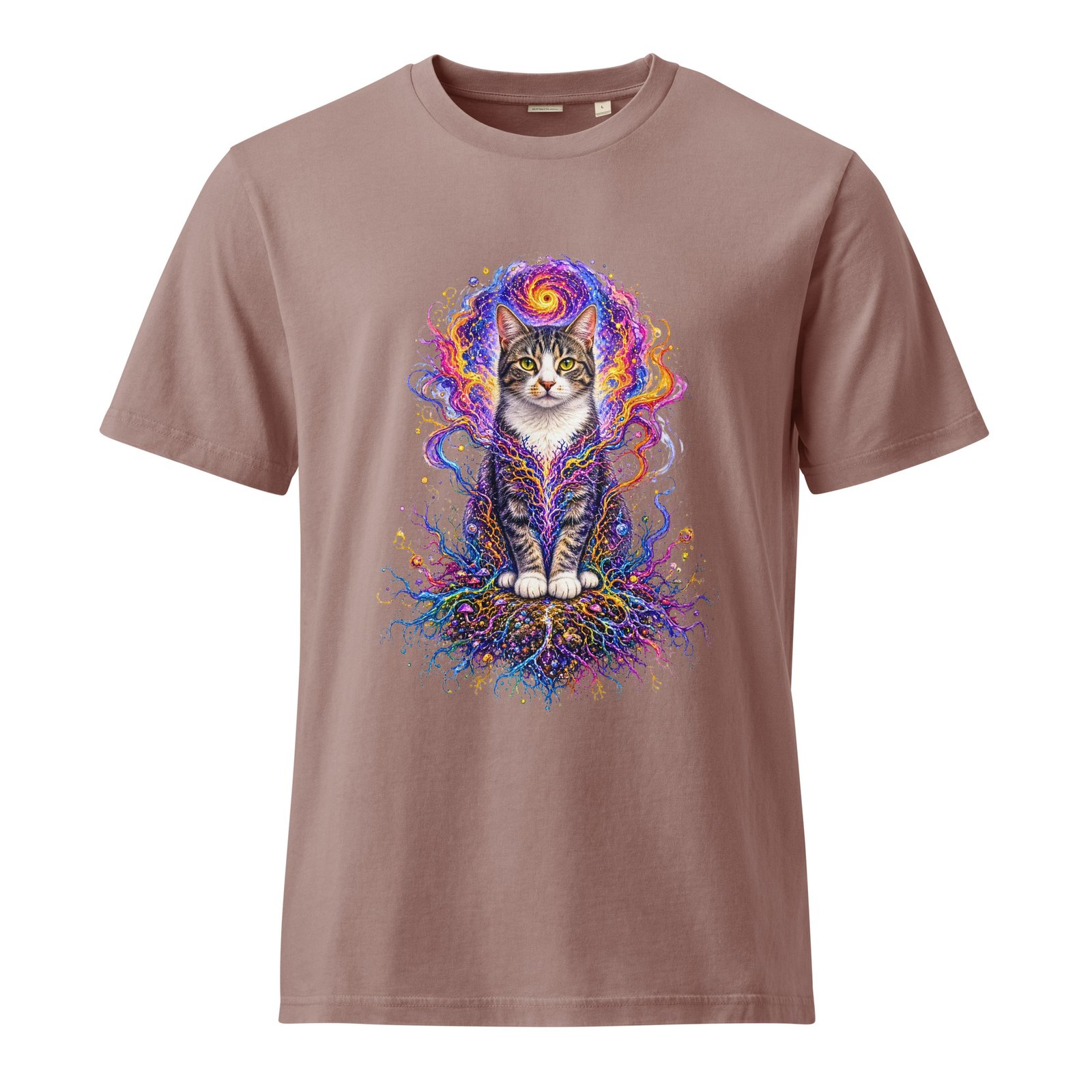 Prismatic Awakening — Garment-Dyed Cotton Cosmic Cat Tee — Garment-Dyed Kaffa Coffee — front