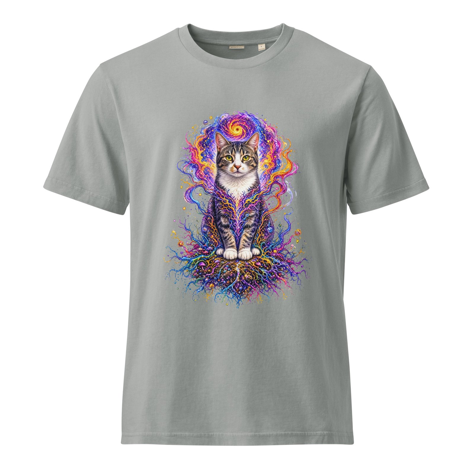Prismatic Awakening — Garment-Dyed Cotton Cosmic Cat Tee — Garment-Dyed Misty Grey — front