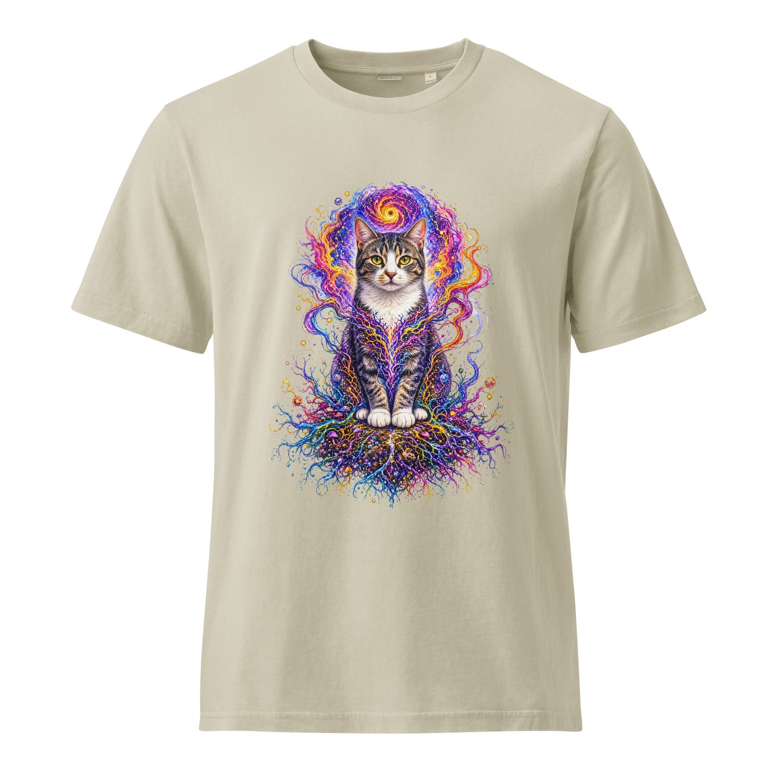 Prismatic Awakening — Garment-Dyed Cotton Cosmic Cat Tee — Garment-Dyed Stone — front