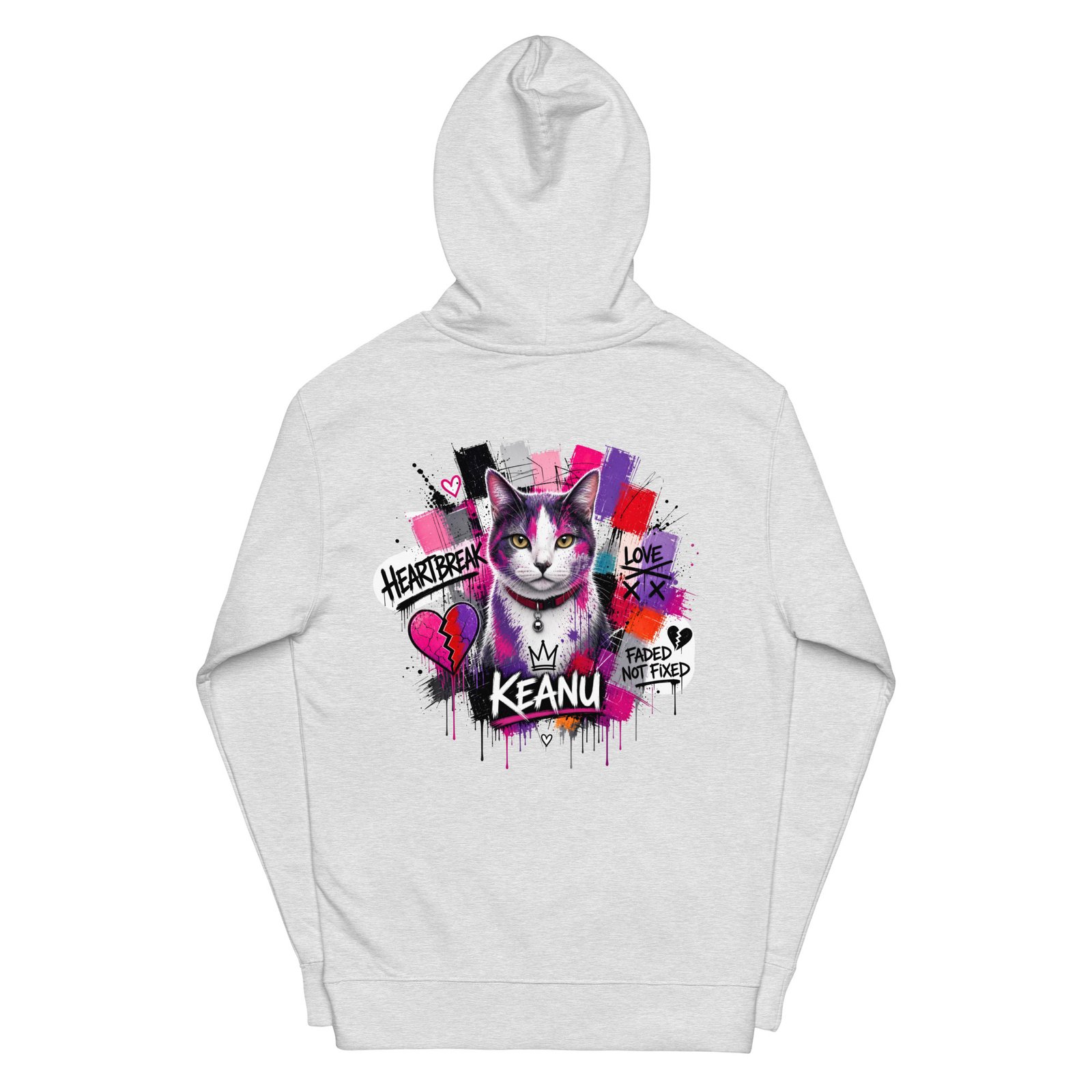 Neon Heartbreak — Cotton-Face Fleece Midweight Psychedelic Cat Hoodie — Grey Heather — back