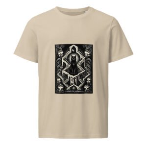 Rooted in Patience — Organic Cotton Mid-Light Gothic Cat Tee — Desert Dust — front
