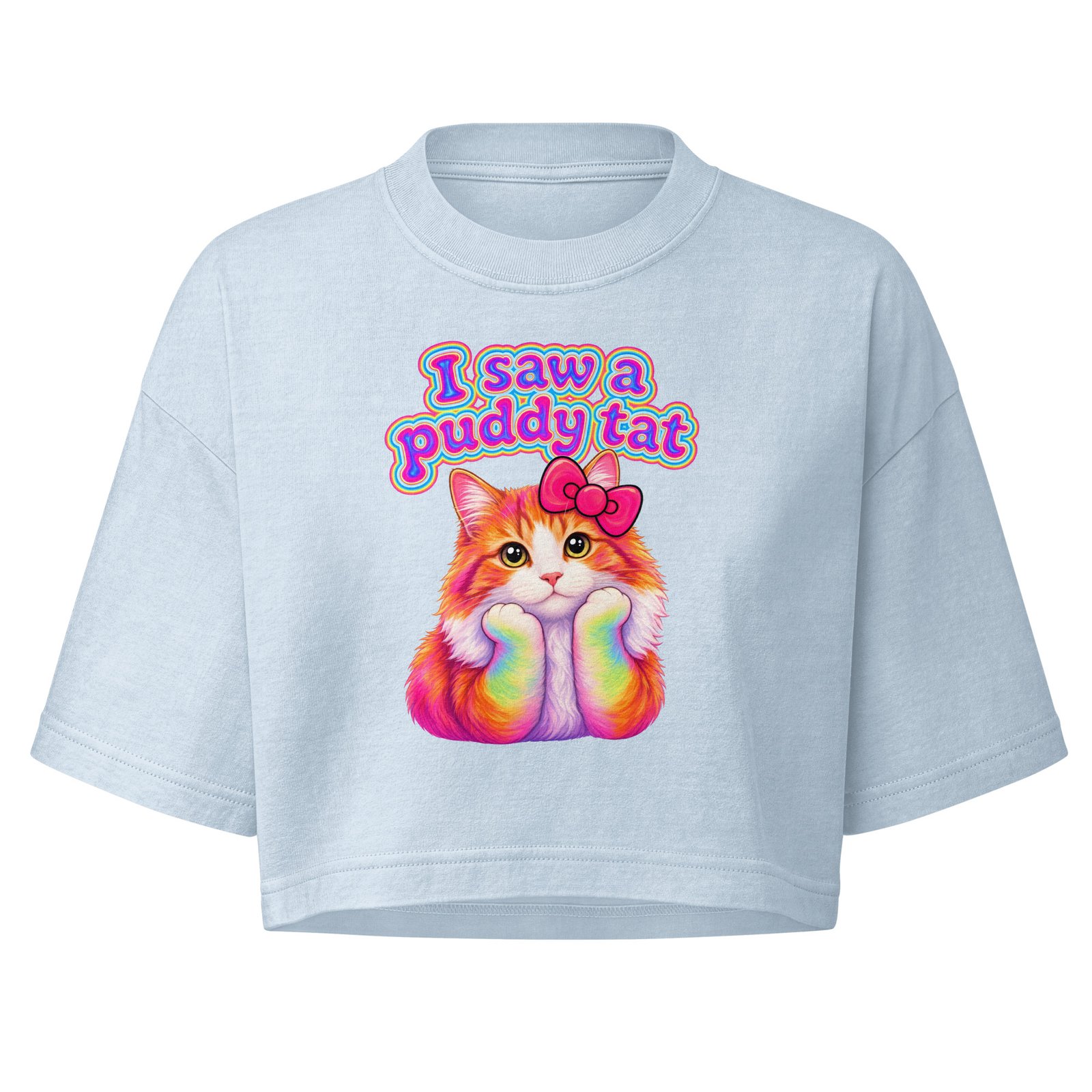 Puddy Tat Women's Garment-Dyed Cropped Tee — light washed denim front | Keanu Organics