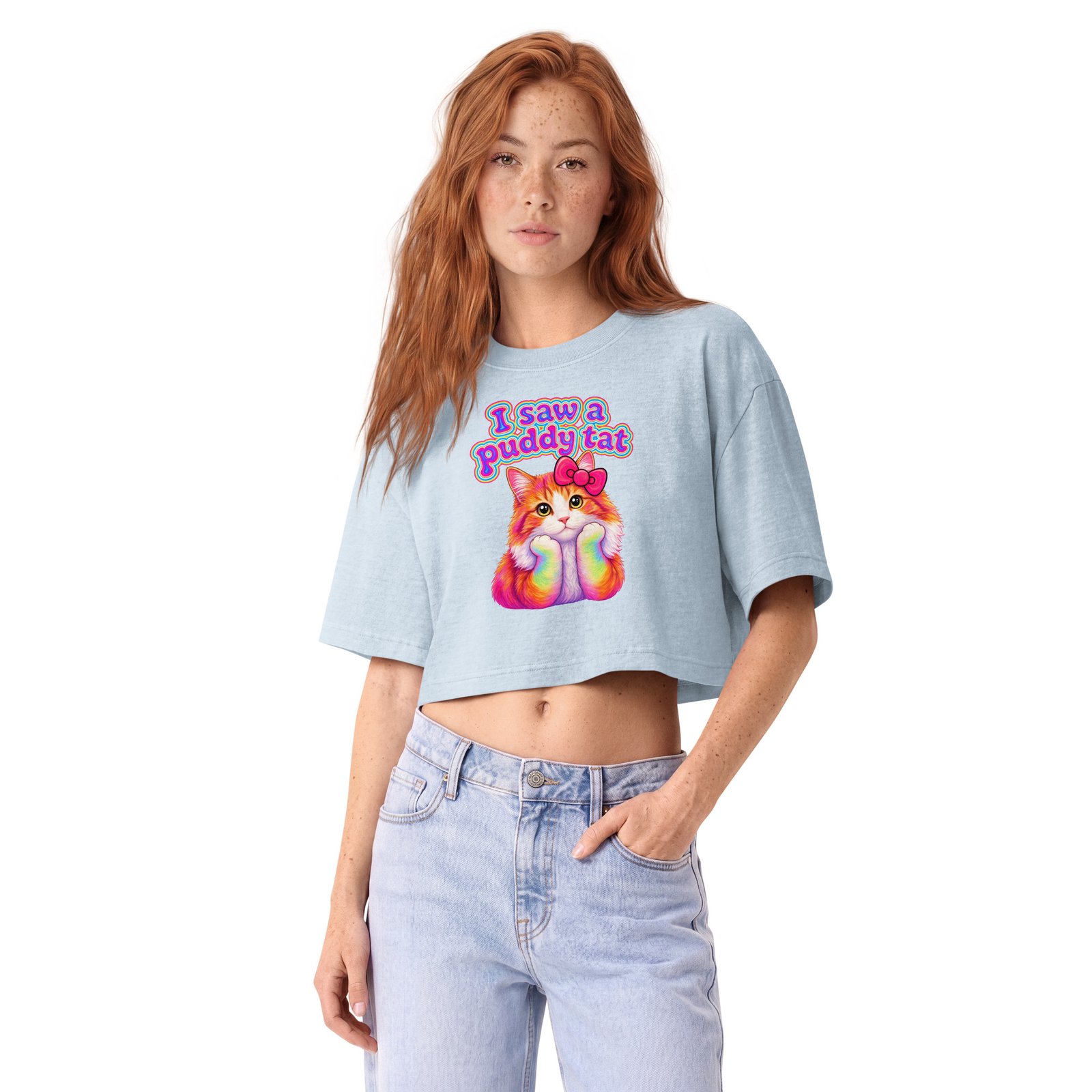 Puddy Tat Women's Garment-Dyed Cropped Tee — light washed denim front | Keanu Organics