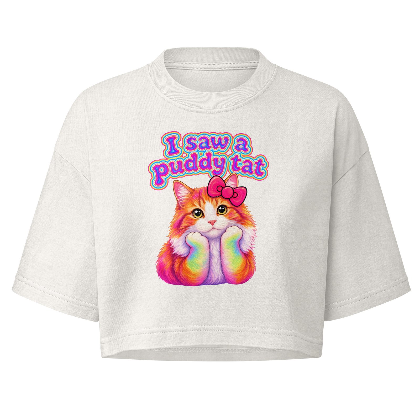 Puddy Tat Women's Garment-Dyed Cropped Tee — vintage white front | Keanu Organics