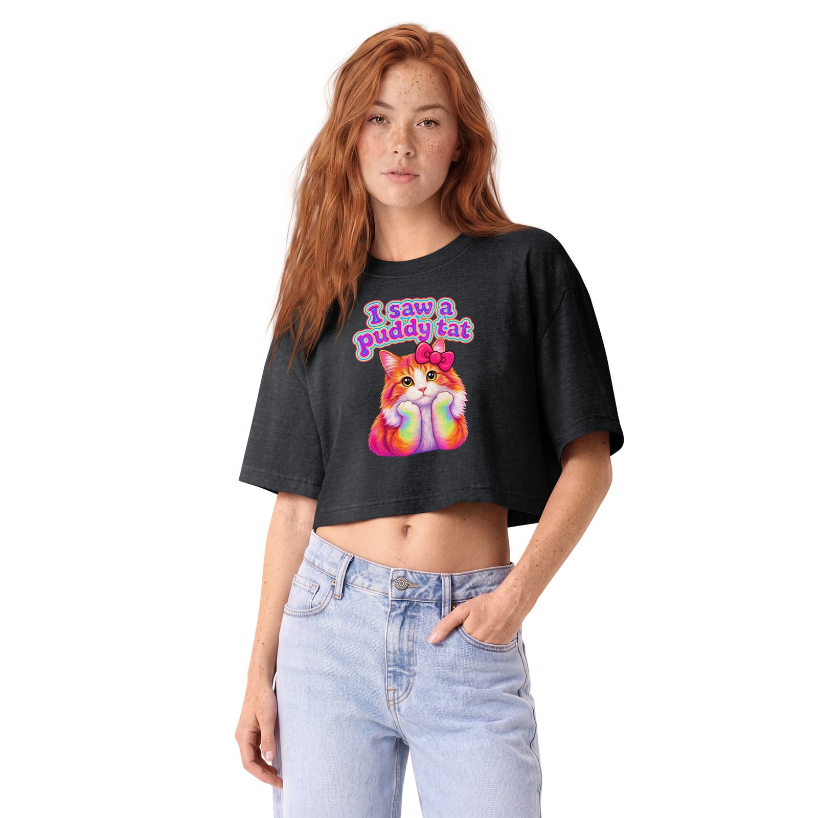 Puddy Tat Women's Garment-Dyed Cropped Tee — washed black front | Keanu Organics