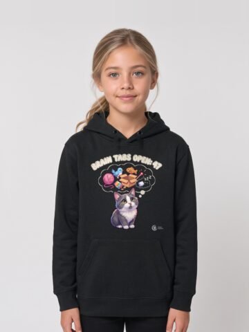 Girl wearing the black Distracted Keanu kids hoodie by Keanu Organics