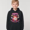 Boy wearing the black Distracted Puddy Tat kids hoodie by Keanu Organics