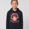 Girl wearing the black Distracted Puddy Tat kids hoodie by Keanu Organics