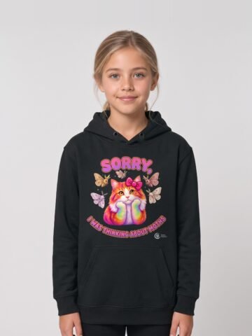 Girl wearing the black Distracted Puddy Tat kids hoodie by Keanu Organics