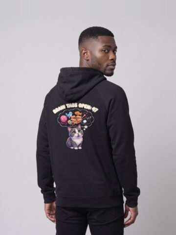Back view of a man wearing the black Distracted Keanu raglan hoodie by Keanu Organics