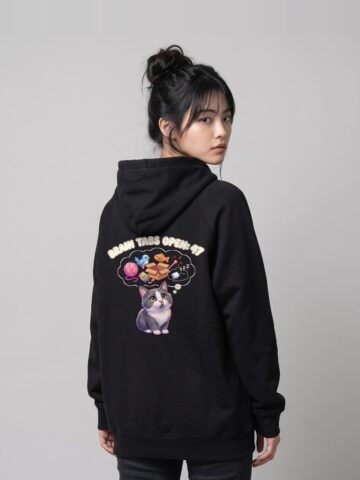 Back view of a woman wearing the black Distracted Keanu raglan hoodie by Keanu Organics