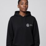 Woman wearing the black Purr-fectly Me midweight hoodie by Keanu Organics