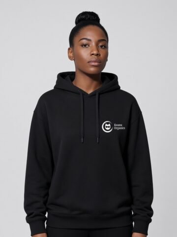 Woman wearing the black Purr-fectly Me midweight hoodie by Keanu Organics