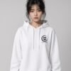 Woman wearing the white Purr-fectly Me midweight hoodie by Keanu Organics
