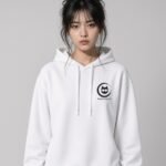 Woman wearing the white Purr-fectly Me midweight hoodie by Keanu Organics