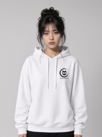 Woman wearing the white Purr-fectly Me midweight hoodie by Keanu Organics