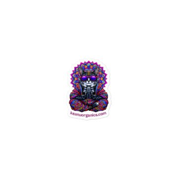 Mahavatar Keanu Ultra Die-Cut Sticker — Keanu in purple sunglasses with paws together under a mandala halo
