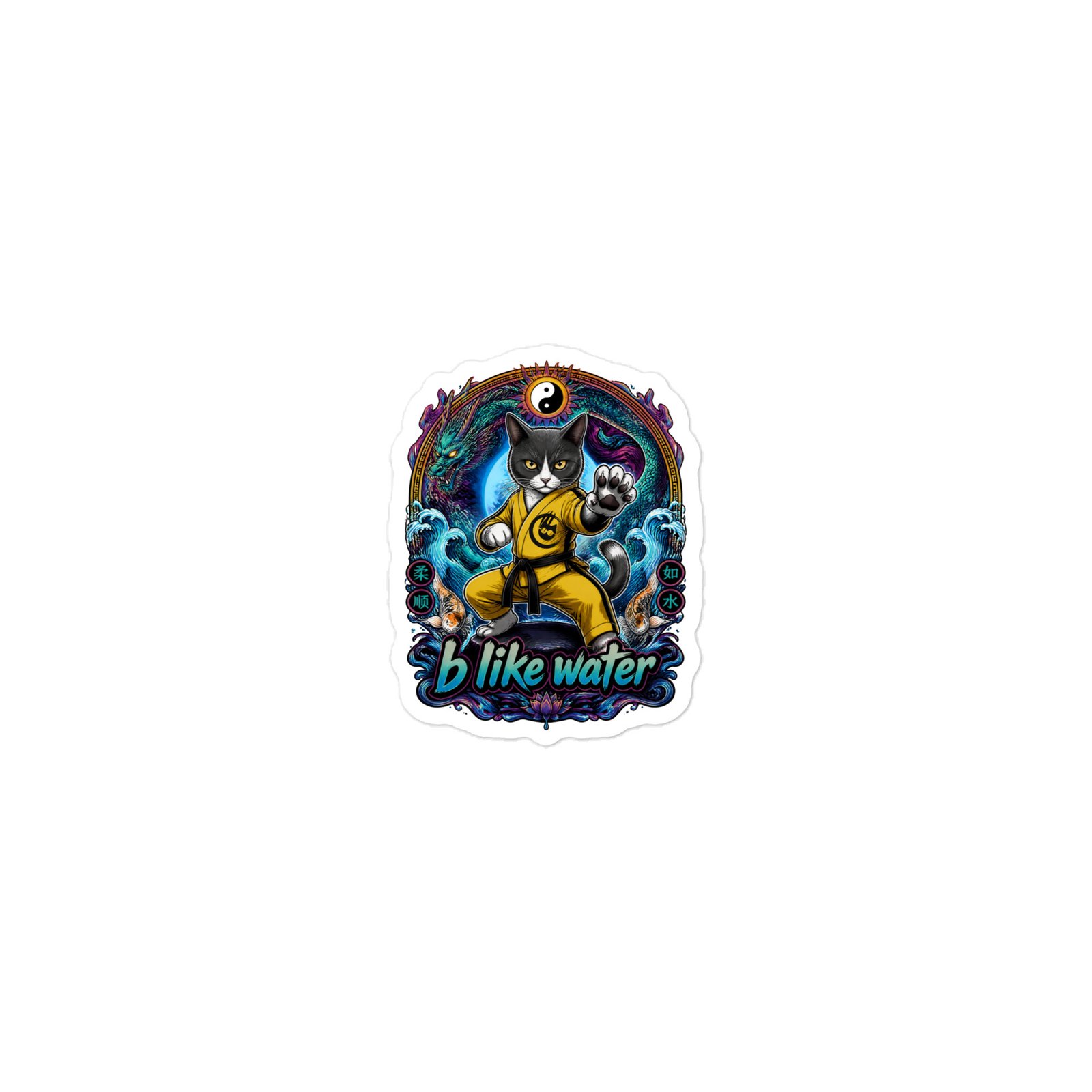 B Like Water Die-Cut Sticker — Keanu in a yellow gi in a kung-fu stance among waves and dragons