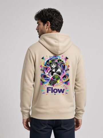 Man wearing the Desert Dust Flow State midweight hoodie, back view