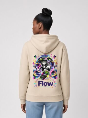 Woman wearing the Desert Dust Flow State midweight hoodie, back view