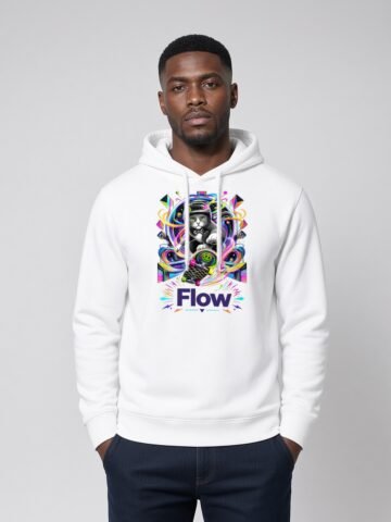 Man wearing the White Flow State side-pocket hoodie, front view