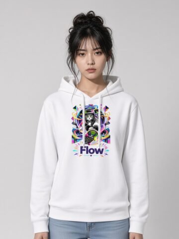 Woman wearing the White Flow State side-pocket hoodie, front view