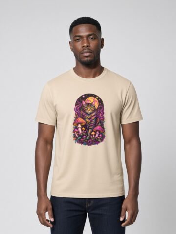 Man wearing the Desert Dust Forest Guardian Tee, front view showing the Forest Guardian design
