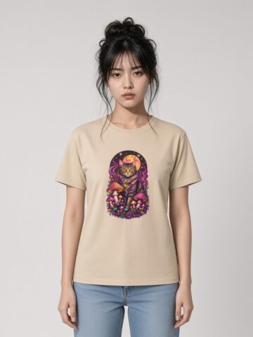 Woman wearing the Desert Dust Forest Guardian Tee, front view showing the Forest Guardian design
