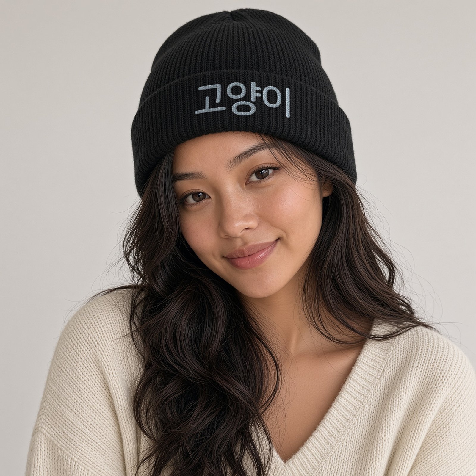 Model wearing the K Cat Beanie in Black with 고양이 embroidery